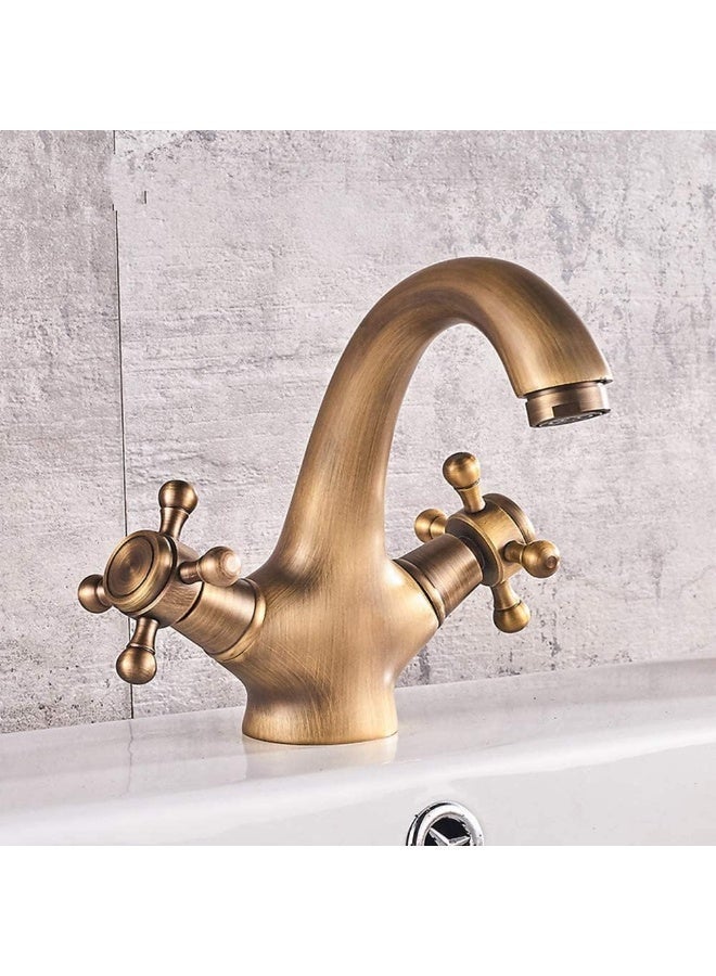 واي دي صنبور حمام كلاسيكي بمقبضين وفوهة منحنية، صنبور خلاط حوض مثبت على سطح الحوض، صنبور حوض غسيل بتصميم عتيق للاستخدام في حمامات المنازل والفنادق - Image 1